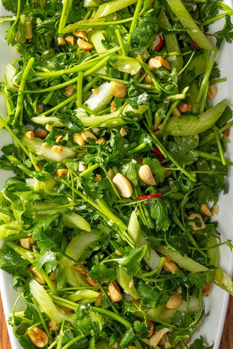 Celery is often disregarded as just a sidekick, but this recipe makes it the shining star. This vibrant Chinese salad, named for its bold flavors and textures, stimulates the appetite at the beginning of a meal or resets the palate between courses. Chinese Salad, Bistro Salad, Celery Leaves, Cilantro Salad, Celery Recipes, Celery Salad, Thai Salad, Simple Salad, Cooks Illustrated