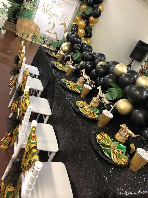 Sweet 16 African Theme, African Theme Bridal Shower Ideas, African Prince Birthday Party, Afrocentric Party Theme, African Dinner Party Decor, African Theme Birthday Party Ideas, African Themed Birthday Party, Africa Theme Party Decorations, Wakanda Themed Party