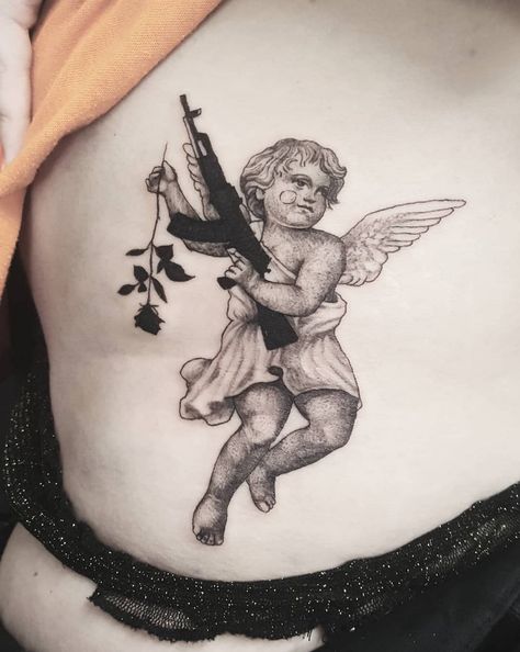 #darkhorseinitiative #tattoo #tattoostudio #artgallery #art #artist #artwork #gallery #thedarkhorseinitiative #goldcoast #chirnpark #queensland #australia #fineline #finelinetattoo #dotwork #dotworktattoo #realism #realismtattoo Ak47 Tattoo, Art Chicano, Cupid Tattoo, Tattoo Diy, Tattoo Placements, Cherub Tattoo, Kunst Tattoos, Ring Finger Tattoos, Tattoo Zeichnungen