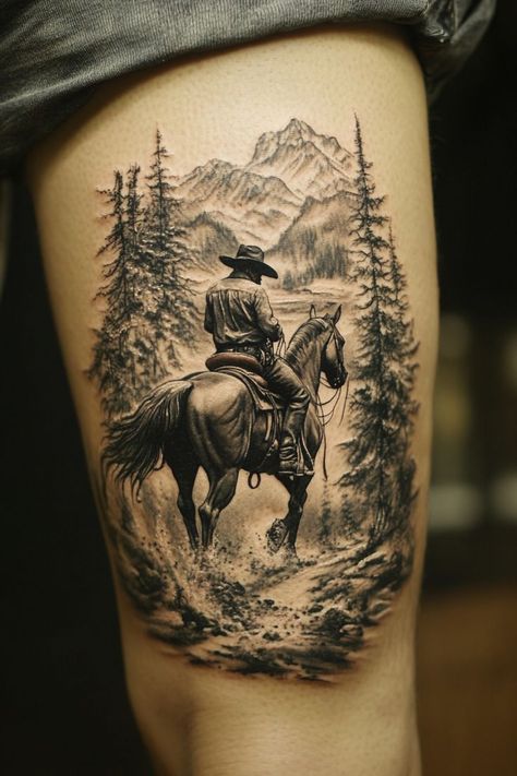 Western Country Tattoo, Men’s Horse Tattoo, Colonial Tattoos, Country Chest Tattoos For Men, Rancher Tattoo Ideas, Mountain And Flower Tattoo Sleeve, Western Horse Tattoos For Women, Country Western Tattoos, Horse Face Tattoo