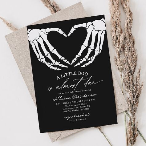 $2.92 | A Little Boo Is Due Halloween Baby Shower | Halloween Birthday Invitations | a little boo, is almost due, halloween baby shower, gothic baby shower, skull baby shower, skeleton hands, black and white, dark elegant spooky, skeleton heart, gender neutral Halloween Engagement, Little Boo Is Almost Due, Halloween Bridal Showers, Love Hands, Gothic Baby, Couples Shower Invitations, Gender Reveal Invitations, Vintage Invitations, Halloween Baby