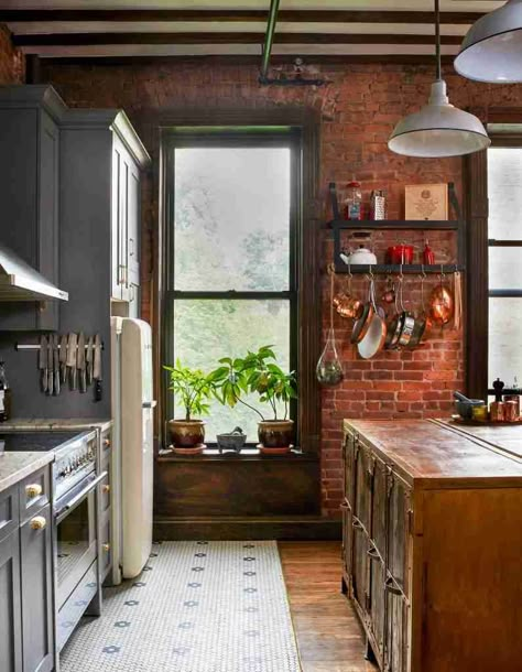 Exposed Brick Victorian Kitchen, Brick Loft Kitchen, Sense And Sensibility Cottage, Brick Cottage Kitchen, Kitchens With Exposed Brick, Vintage Style Kitchen Ideas, Exposed Brick In Kitchen, Vintage Brick Backsplash Kitchen, Brick Walls Kitchen