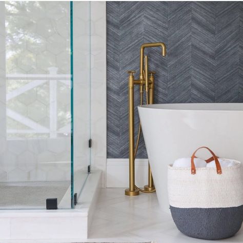 Tub Filler Freestanding, Floor Mount Tub Filler, California Faucets, Freestanding Tub Filler, Chevron Wallpaper, Tub Time, Master Bath Remodel, Contemporary Floor, Freestanding Tub