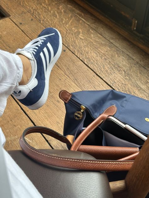 Navy Adidas Gazelles with a Navy Le Pliage Navy Blue Gazelle Adidas Outfit, Navy Gazelle Adidas Outfit, Navy Blue Sambas, Blue Gazelle Adidas Outfit, Navy Adidas Shoes, Navy Blue Gazelle, Navy Gazelle, Adidas Gazelle Navy, Navy Blue Adidas Gazelle