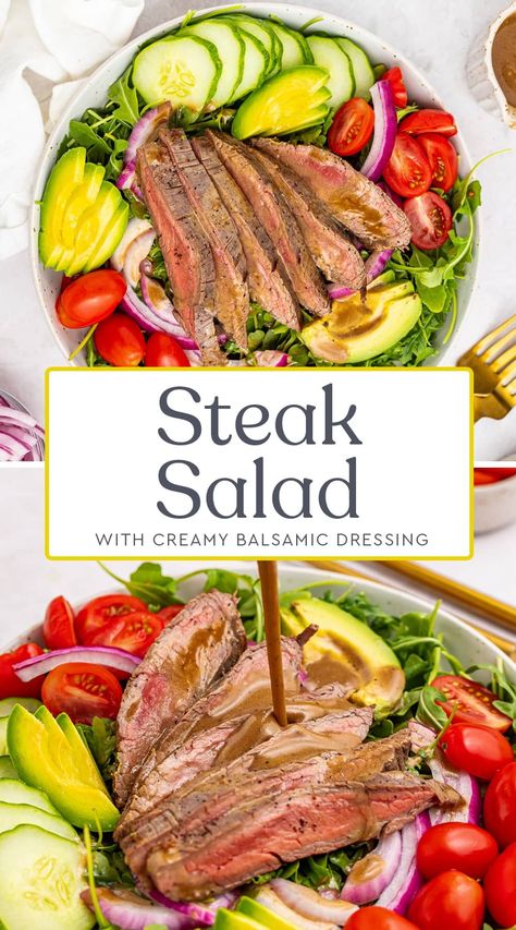 Easy Steak Salad, Steak With Salad, Steak Salad Dressing, Creamy Balsamic Dressing, Steak Salad Recipe, Healthy Steak, Balsamic Steak, Salad With Balsamic Dressing, Simple Salad