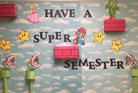 Super Mario Bulletin Board Super Mario School Bulletin Board, Super Mario Brothers Bulletin Board, Princess Peach Bulletin Board, Youtube Bulletin Board, Mario Brothers Bulletin Board Ideas, Mario Themed Classroom Bulletin Boards, Nintendo Bulletin Board, Anime Bulletin Board Ideas, Mario Bulletin Board Ideas