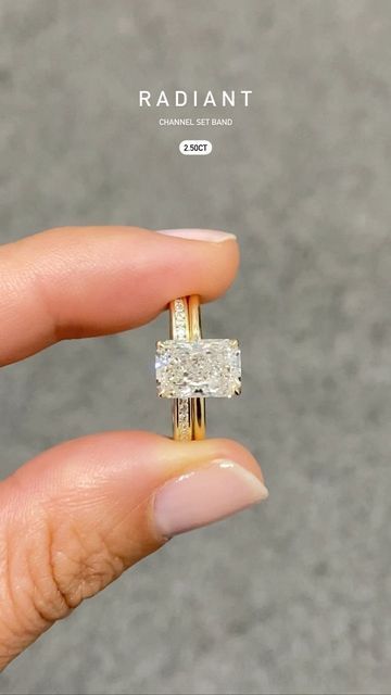 Wedding Band With Square Ring, Channel Engagement Rings Wedding Set, Radiant Channel Set Ring, Radiant Ring Wedding Band, Gold Wedding Band With Radiant Ring, Channel Wedding Band And Engagement Ring, 2 Carat Radiant Engagement Ring Gold, Elongated Radiant Wedding Ring Set, Timeless Wedding Band