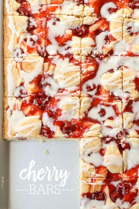 Delicious Cherry Bars topped with a heavenly glaze that has hints of almond extract. It will be your new favorite dessert! { lilluna.com } Cherry Pie Bars, Cherry Bars, Lemon Bars Easy, Cherry Desserts, Almond Extract, Cherry Recipes, Pie Bar, Brownie Bar, Sweet Cherries