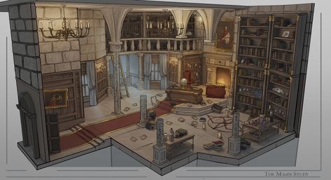 ArtStation - The Mages Study Cutaway, Chloe Harrison Interior Concept Art, D&d Online, Fantasy Rooms, Fantasy Castle, D&d Dungeons And Dragons, Witch House, Interior Concept, Wizards Of The Coast, Environment Concept Art