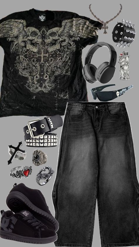 Metal Band Outfit, Cybergrunge Outfit, Punk Outfit Men, Affliction Outfits, Dark Grunge Outfits, Punk Fits, Grunge Y2k Outfits, Affliction Women, Customized Clothes