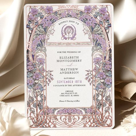 Plum & Lilac Art Nouveau Love Union Invitation Template Pink Purple Wedding Invitations, Rococo Wedding Invitations, Flowery Invitations, White And Lilac Wedding, Flowers Intertwined, Lilac Art, Art Nouveau Wedding Invitation, Green Drawing, Art Wedding Invitations