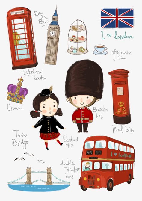 British Flag Clothes, British Party, London Drawing, Food Logo Design Inspiration, Images Cartoon, London Illustration, London Theme, Logo Design Set, Cartoon Clipart