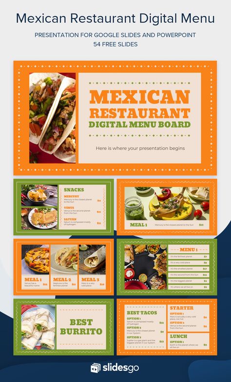 Mexican Restaurant Digital Menu Board Restaurant Powerpoint, Mexican Bar, Menu Poster, Digital Menu Boards, Menu Card Design, Presentation Slides Design, Modern Presentation, Slides Design, Digital Menu