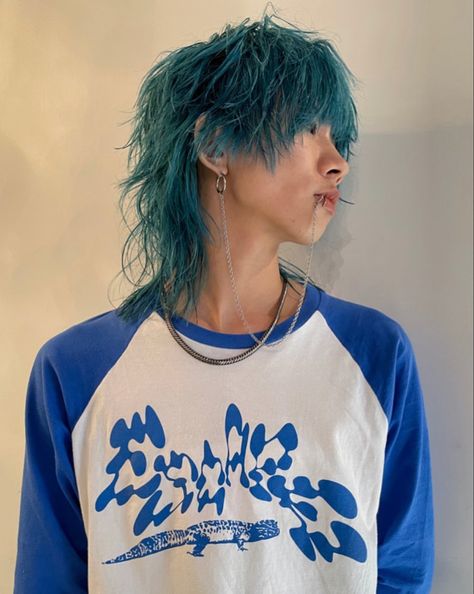 Men Jellyfish Hair, Blue Hair Mullet Guy, Blue Shaggy Hair, Dyed Long Hair Men, Short Turquoise Hair, Long Dyed Hair Men, Teal Mullet, Jellyfish Mullet Hair, Turquoise Hair Aesthetic