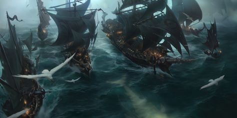 ArtStation - HUNTING FLEET, SIXMOREVODKA STUDIO Fleet Of Ships, Pirate Art, Splash Art, Pirate Life, Fantasy Story, Fantasy Places, Fantasy Art Landscapes, Pirate Ship, Fantasy Inspiration