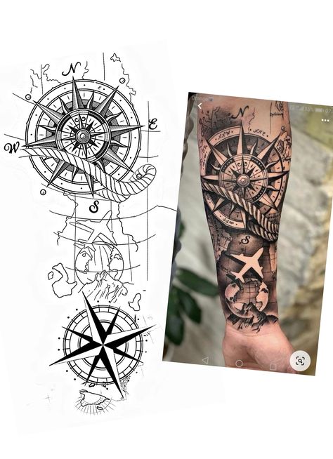 Compus Tattoos Men, Ship Tattoos For Men, Compus Tattoos Designs, Time Travel Tattoo, Clock And Compass Tattoo, Geographic Tattoo, Compass Tattoo Design Men, Geography Tattoo, Seaman Tattoo