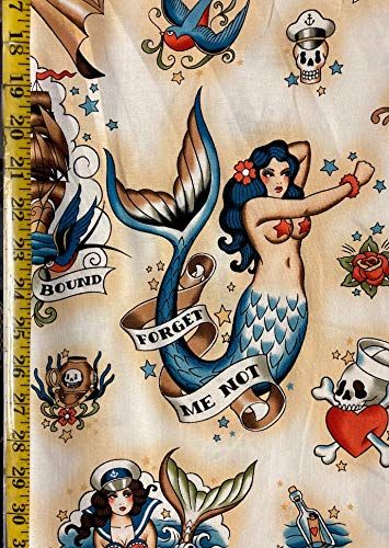 Navy Tattoos, Tattoo Mermaid, Unique Aprons, Sailor Tattoo, Mermaid Pin, Mermaid Fabric, Alexander Henry Fabrics, Nautical Tattoo, Gold Mermaid