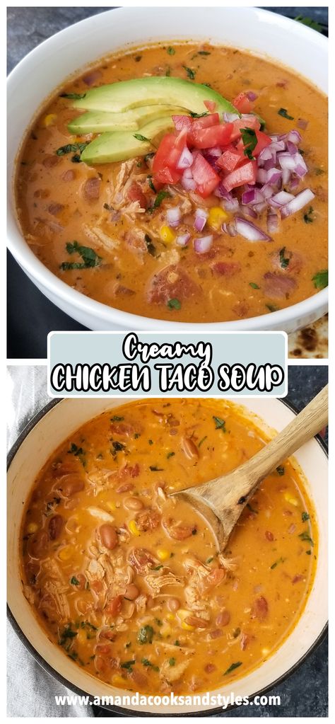 Easy Premade Meals, Chicken And Pinto Beans Recipes, Creamy Chicken Taco Soup, Soup With Beans, Chicken Taco Soup Recipe, Taco Soup Recipe, Chicken Taco Soup, Mexican Soup, Chicken Taco