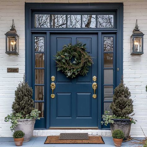 8+ Stunning Blue Main Entry Door Design Ideas • 333+ Art Images Dark Blue Doors Front Entrance, Colored Entry Doors, Navy Front Door White House, Navy Blue Front Door Tan House, Deep Blue Front Door, Navy Blue Front Door Colors, Front Door Pop Of Color, Colored Front Door White House, Blue Front Door Colors Sherwin Williams