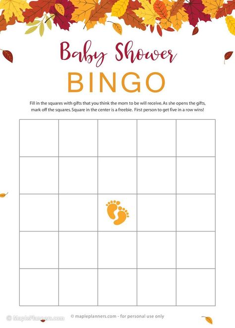 Fall Baby Shower Games Free Printable, Baby Shower Bingo Free Printable, Fall Baby Shower Games, Baby Shower Gift Bingo, Fall Baby Shower Game, Blank Bingo Cards, Bingo Cards Printable, Free Printable Activities, Baby Bingo