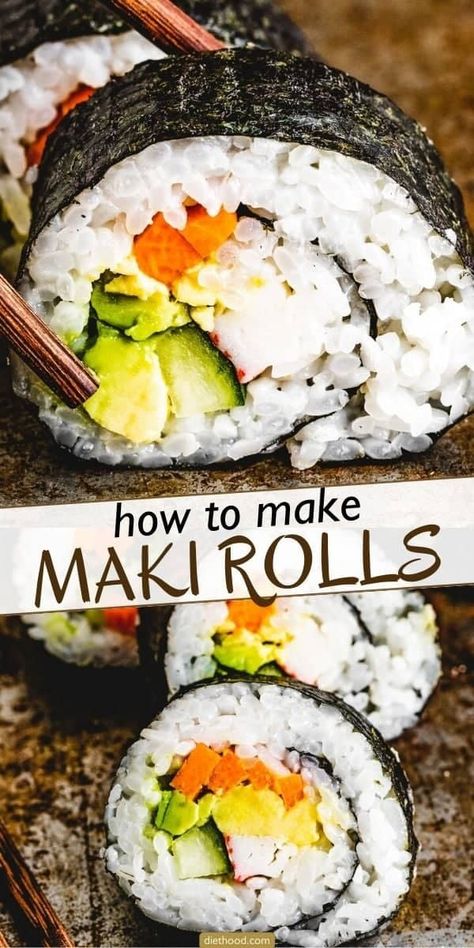 Master the art of homemade sushi with this easy Maki Roll recipe! Featuring nori and perfectly cooked sushi rice wrapped around a colorful combo of imitation crab, cucumber, avocado, and carrots, these rolls promise a fun and flavorful dining experience! Cooked Sushi Rolls, Easy Sushi Rolls, Diethood Recipes, Cooked Sushi, Sushi Nori, Maki Rolls, Easy Make Ahead Appetizers, Sushi Recipes Homemade, Maki Roll