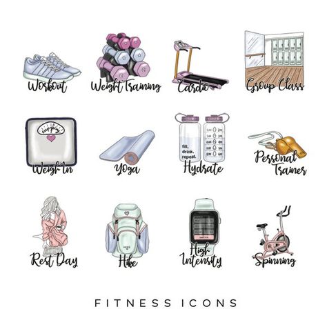 Fitness Planner Stickers, Spinning Workout, Planner Icons, Fitness Icon, Travel Icon, Printable Planner Stickers, Planner Girl, Fitness Planner, Bullet Journal Ideas Pages