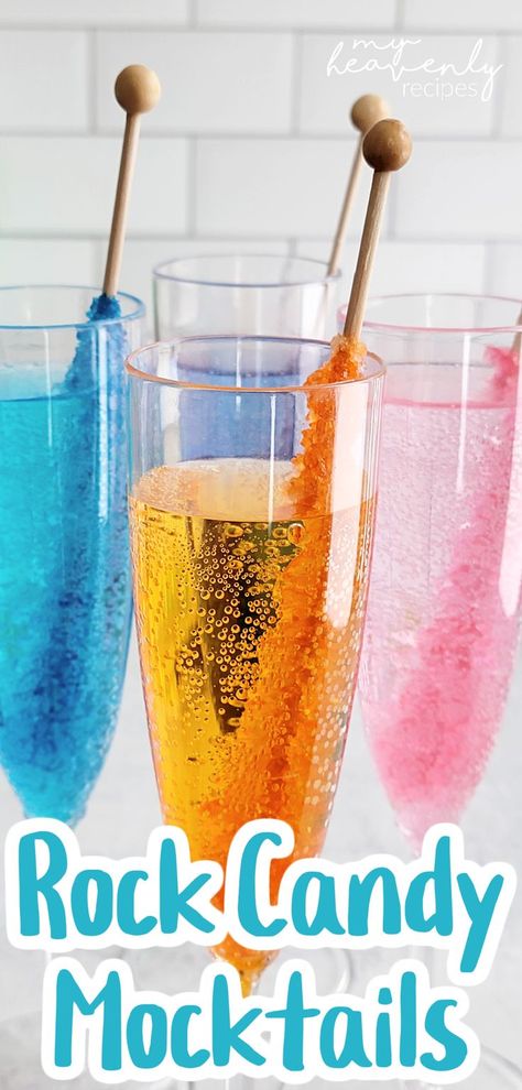 Rock Candy Drinks For Kids, Rock Candy Mocktail, Rock Candy Drinks Cocktails, Fun Themed Drinks, Kiddie Cocktail Bar, New Years Eve Mocktail Recipe, Christmas Sides For Kids, Kids Nye Drinks, New Year’s Eve Birthday Party For Kids