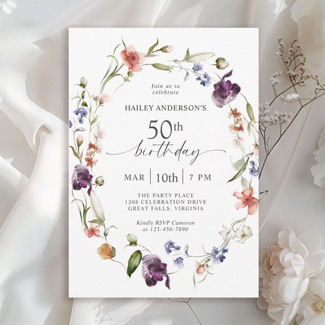 Wildflowers Feminine Floral 50th Birthday Party Invitation 75th Birthday Invitations, Wildflower Birthday Party, Painted Wreath, Birthday Party Decorations For Adults, 75th Birthday Parties, 60th Birthday Party Invitations, 40th Birthday Party Invites, 100th Birthday Party, 50th Birthday Party Invitations