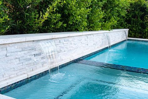 Planter box wall next to pool Pool With Back Wall, Raised Pool Wall Tile Ideas, Pool With Cascade Wall, Pool Sheer Descent Wall, Pool With Planter Wall, Pool Walls Ideas, Pool Scupper Wall, Pool Against Wall, Pool Raised Wall