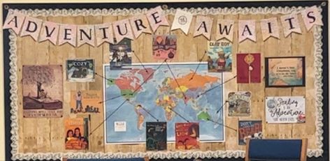 Adventure awaits bulletin board with a map in the center. Books are placed around the map with yarn attached to the place on the map where the story took place. Read Around The World Bulletin Board, Adventure Awaits Bulletin Board Ideas, Study Abroad Bulletin Board, Adventure Library Display, Adventure Library Theme, Adventure Awaits Bulletin Board, Adventure Bulletin Board Ideas, Adventure Begins At Your Library, Adventure Begins At Your Library 2024