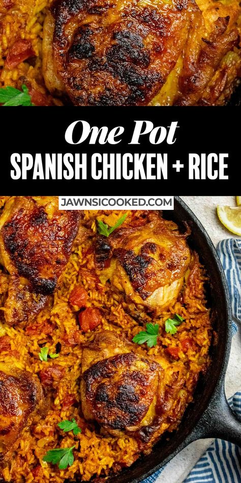 This easy One Pot Spanish Chicken and Rice uses the cold pan method for ultra crispy skin, with flavorful marinated chicken thighs, and tasty, tender rice, all done in one skillet. Chicken Thigh Recipes Spanish, Spanish Rice Recipe With Chicken, One Pan Dinners Chicken Thighs, Cast Iron Chicken And Rice, Chicken And Rice Cast Iron Skillet, Dutch Oven Chicken And Rice Recipes, Chicken And Rice Skillet Easy, Spanish Baked Chicken Recipes, One Pan Spanish Chicken And Rice