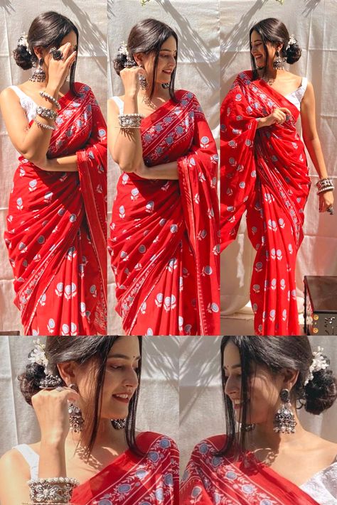 Saree With Earrings, Aesthetic Sari Poses, Earing For Sarees, Aesthetic Pics Of Women, Aesthetic Dress Poses, Sari Photo Poses, Best Poses In Saree For Photoshoot, Cotton Saree Poses, Teej Photoshoot Idea