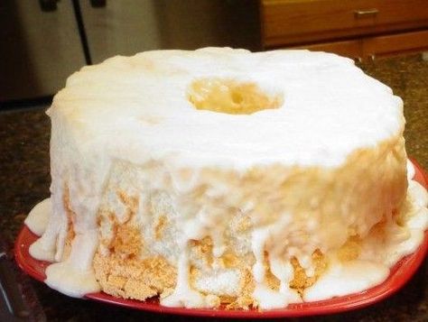 Angel Food Cake with Creamy Glaze Angel Food Cake Glaze, Angel Food Cake Icing, Angel Food Cake Frosting, Glaze For Cake, Cake Frosting Recipe, Cake With Cream Cheese Frosting, Tasty Kitchen, With Cream Cheese Frosting, Glaze Recipe