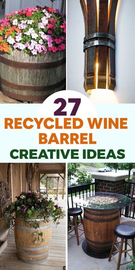 Discover a world of creativity with these ingenious ways to repurpose old wine barrels into stunning decor pieces for your home and garden. Embrace the rustic beauty of refurbished wine barrels as they are transformed into one-of-a-kind additions that exude style and character. By giving a new purpose to these barrels, you not only enhance your living space but also contribute to sustainable decor practices. Upgrade your interior and exterior with these unique recycled wine barrel ideas that bri Backyard Bbq Area, Diy Whiskey Barrel, Wine Barrel Fire Pit, Wine Barrel Art, Diy Whiskey, Wine Barrel Planter, Wine Barrel Crafts, Barrel Crafts, Barrel Art