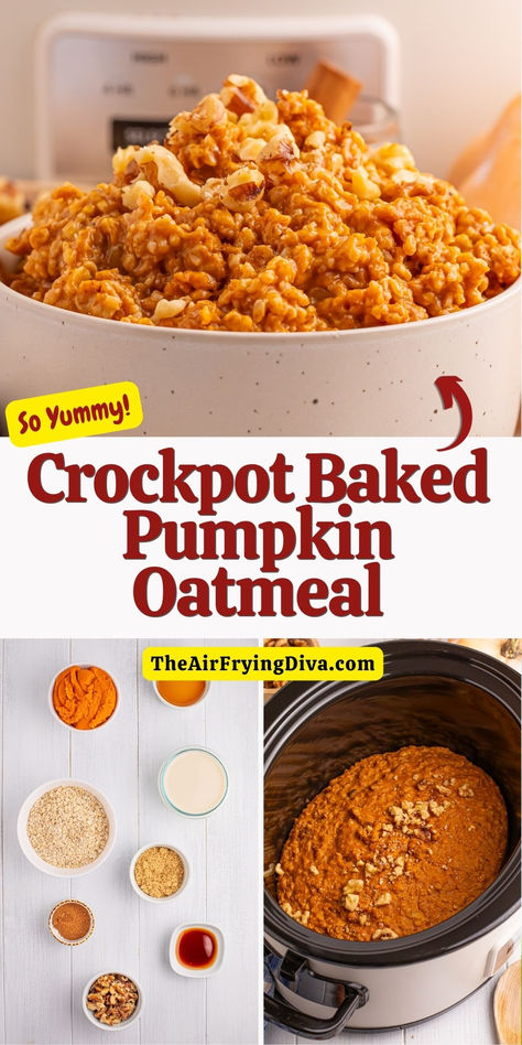 Crockpot Baked Pumpkin Oatmeal Recipe Oatmeal Slow Cooker, Crockpot Oatmeal, Baked Pumpkin Oatmeal, Slow Cooker Oatmeal, Pumpkin Pie Oatmeal, Slow Cooker Baking, Oatmeal Recipe, Pumpkin Oatmeal, Steel Cut Oats