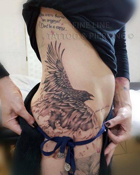 Photo by (finelinetattooandpiercing) on Instagram | #durban, #fineline, #finelinetattoo, #ink, #inked, #inkstagram, #girlswithink, #inkedup, #raven, #raventattoo, #southafrica, #southafricaink, #adtattooist, #hip, #hiptattoo, #ribs, #ribtattoo, #blackandgrey, #blackandgreytattoo Raven Tattoo Ribs, Raven Rib Tattoo, Raven Hip Tattoo, Tattoo Map, Tattoo Hip, Leopard Tattoos, Waist Tattoos, Hip Tattoos, Crow Tattoo