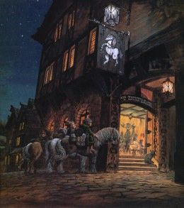 At the Sign of the Prancing Pony by Ted Nasmith Ted Nasmith, Taverna Medieval, Fantasy Inn, Prancing Pony, Fantasy Locations, Minas Tirith, Fantasy Realm, John Howe, Tolkien Art