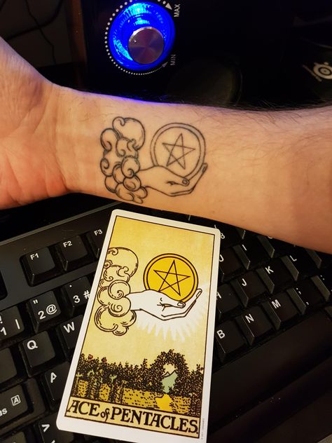 tarot tattoo ace of pentacles Ace Of Pentacles Tattoo, Pentacles Tattoo, Pentacle Tattoo, Random Tattoo Ideas, Venus Tattoo, Ace Tattoo, Ace Of Pentacles, Tarot Tattoo, Pentacles Tarot