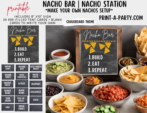 Transform your next event into an unforgettable experience with an irresistible Nacho Bar! Perfect for any occasion - from birthdays or events to Holidays like Cinco de Mayo or even Baby or Bridal Showers - this setup is both charming and practical! Complete with a printable Nacho sign, 24 pre-filled tent cards with delectable toppings, and blank ones for your creative touch. Get ready to indulge in a delicious and savory meal! Available in Chalkboard and White backgrounds. The Sign says: Nacho Diy Nacho Bar, Nacho Station, Nacho Party, Party Food Bar, Nacho Bar, Nacho Chips, Bar Station, Turkey Cheese, Food Bar