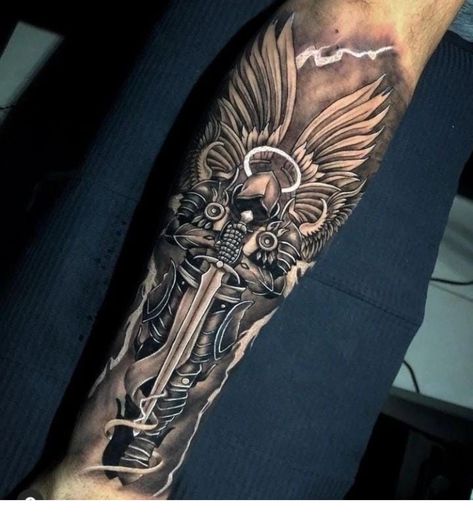 Archangel Michael Tattoo For Men Forearm, Knight Forearm Tattoo, Angel Forearm Tattoo Men, Half Sleeve Tattoos For Guys Forearm, Guardian Angel Tattoo For Men, Mens Forearm Tattoos Sleeve, Knight Tattoo Design, Cover Up Tattoos For Men Arm, Forearm Tattoo Men Sleeve