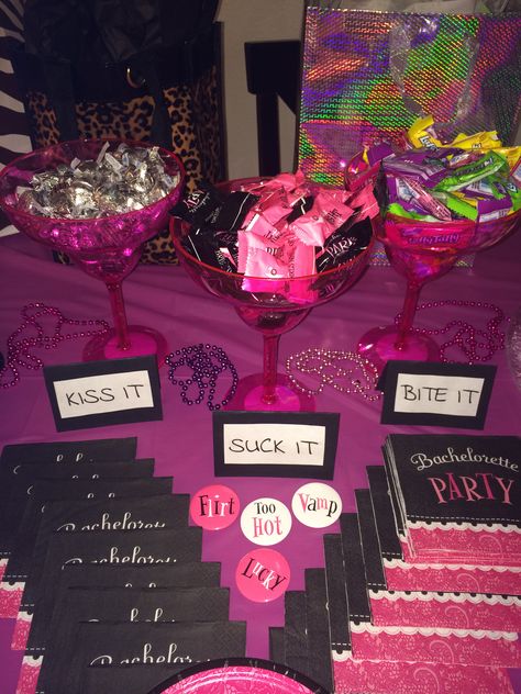 Bachelorette Party Candy Bar. Could also do "lick it" with lollipops & "blow it" with bubblegum. Pink plastic glasses are from Walmart. Bachelorette Party Candy Bar, Passion Party Decorations, Bachelorette Candy Ideas, Pink Party Decor Ideas, Bachelorette Candy Bar, Candy Themed Bachelorette Party, 50 Shades Of Pink Bachelorette Party, Batchloret Party Ideas Pink, Passion Party Food Ideas