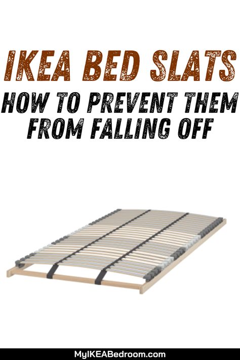 How To Prevent IKEA Bed Slats From Falling: The first answer has to do with a small part. There is a small, white pin that is supposed to go on the top and bottom of each slat. Those can fall out, and if that happens, the slat will fall out. It is a good idea to check the pins on a regular basis. Bed Slats Shelves, Diy Bed Slats, Bed Slats Upcycle Diy, Adjustable Bed Slats, Pull Out Slat Bed Diy, Ikea Slatted Bed Base, Ikea Bed Slats, Ikea Bed Frames, Homemade Beds