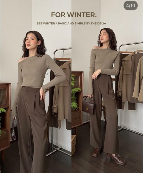 Elegant Earth Tone Outfit, Brown Formal Winter Pants, Earth Tone Outfits Casual Hijab, Earth Tone Outfits Korean, Brown Blazer Outfit Korean, Money Clothes, Casual Work Outfits Women, Casual Workwear, Colour Combinations Fashion