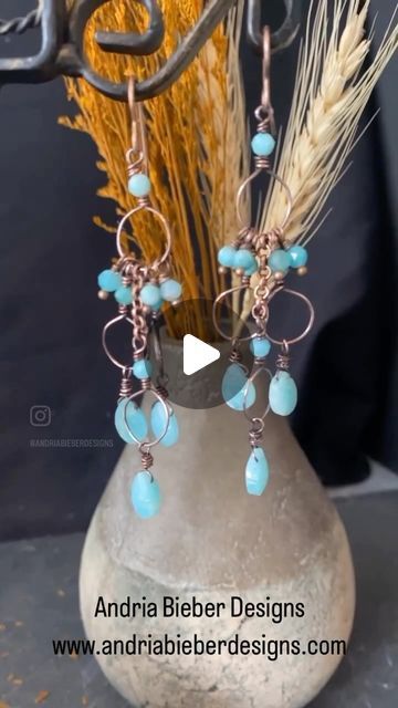 Andria Bieber Designs on Instagram: "How to wire wrap hoop and dangle earrings with @beadalon and @artisticwirebrand 
You will need: 22 & 24 gauge artistic wire in copper raw
Artistic brand wood dowel in 9.5 mm ( for sale in my shop) 
5 mm faceted stones from @tejasbeads 
8 mm pear or teardrop stones
(Liver of sulfur) patina & polish cloth 
Beading tools- 2 ear wires
22 gauge copper ball head pins 
Directions:
* Using 24/26 gauge copper wire, depending on the hole size of your stone. Take 3 pear/teardrop stones & wire wrap brilolette style- check out my YouTube channel or my reels Highlight for wire dropping directions. 
*Cut 4 inches of 22 gauge copper wire fold in half around wood dowel. When loop is formed slide briolette wire wrapped stone onto wire form. Form wire around dowel for rou Artistic Wire, Making Videos, Beading Tools, Inspirational Jewelry, Wire Wrapping Stones, Head Pins, Artistic Jewelry, Wire Wrap, My Youtube Channel