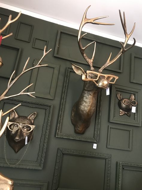 Unique Walls In Homes, Brass Animals Decor, Framed Deer Head, Speak Easy Aesthetic, Dark Home, Faux Taxidermy, Wall Decor Design, Front Room, Home Deco