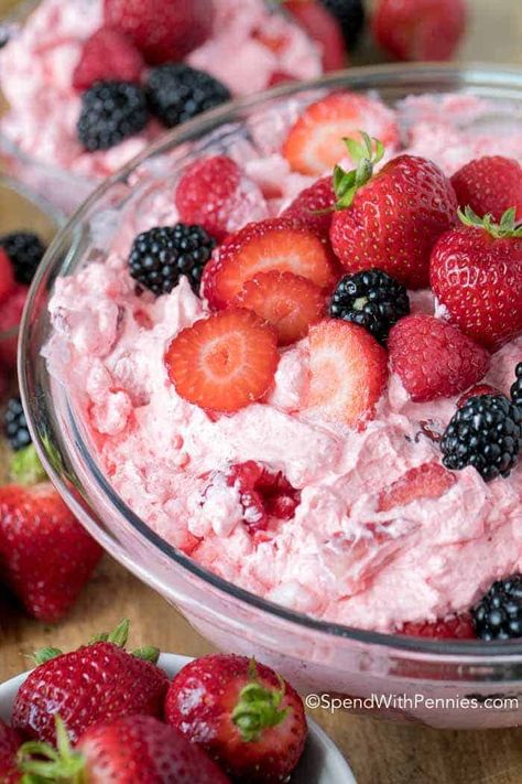 Berry Fluff Jello Salad is a summertime favorite, loaded with fresh juicy berries! It takes just minutes to prep and everyone absolutely LOVE it! Blackberry Jello, Berry Fluff, Fluff Jello Salad, Fluff Salads, Monthly Meals, Jello Fruit Salads, Banana Salad, Strawberry Fluff, Jello Salads