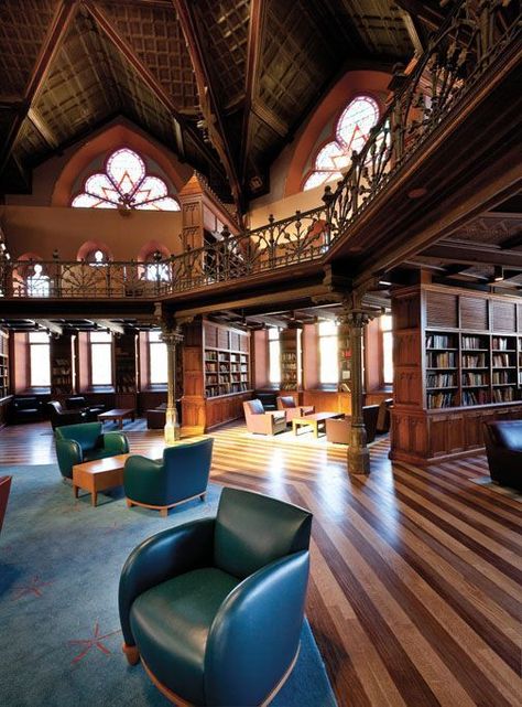 Chancellor Green Library at Princeton University is a classic example of Neo-Gothic architecture. Constructed in 1872, the highly ornate building is filled with gables, arches, buttresses and diamond-shaped stained glass windows. Designed as an octagonal rotunda, it was the first building on the growing campus to be built for use as a library. http://www.janetcampbell.ca/ Princeton University Campus, Architectural Landmarks, Neo Gothic Architecture, Green Library, Book Shops, Office Den, Dream Library, Beautiful Library, Enchanted Wood