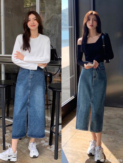 Demin Skirt Outfit, Skirt Outfits Korean, Jean Skirt Outfits, Cute Modest Outfits, Cute Skirt Outfits, Clothes Korean Style, Maxi Skirt Outfits, Korean Casual Outfits, Modest Dresses Casual