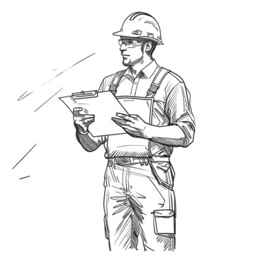 Engineer Pose Reference, Engineering Sketches Drawings, Construction Worker Character Design, Engineer Drawing Sketch, Engineer Character Design, Jobs Drawing, Industry Drawing, Engineer Drawing, Engineer Cartoon