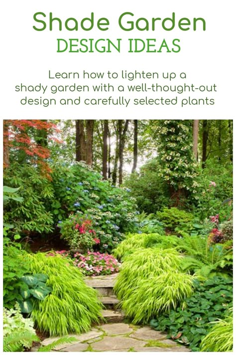 Have a shady section of your garden? These tips and ideas will help you design a shade garden including plants and more. #shadegarden #gardendesign Shade Garden Walkway, Shade Garden Zone 9 Yards, Shaded Hillside Landscaping Ideas, Shade Loving Landscaping Ideas, Shade Garden Paths Walkways, Shade Plants Under Trees Garden Design, Shade Slope Landscaping, Garden Planning Layout Shade, Landscape Design Front Of House Shade